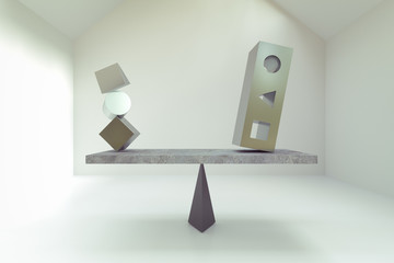 3d rendering of abstract geometric blocks on balance board