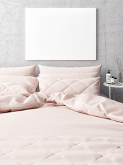 White poster, rose bed in hipster bedroom, 3d illustration