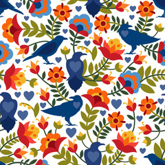 Seamless pattern with raven, symbols of the heart and flowers. Background with flat shapes in blue, green, red, orange and yellow colors. Texture in ethno style. Vector illustration.