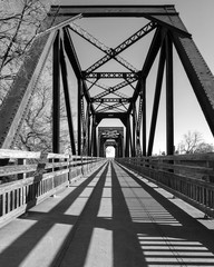 Whide angle view of the city of Winters famous Historic Trestle Train Bridge in black and white, California, USA