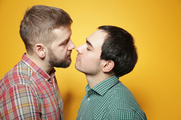 Happy gay couple posing on yellow background