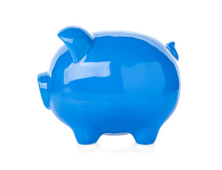 Blue ceramic piggy bank on white background