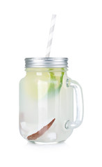 Mason jar with coconut water on white background