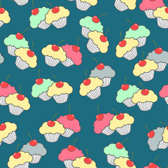 Seamless background from sweet hand-drawn cupcakes. Cartoon Pattern