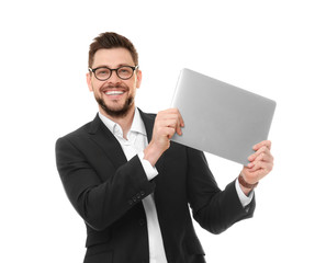 Handsome young man with laptop on white background