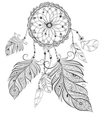 dream catcher adult coloring book page.Bo-ho stile