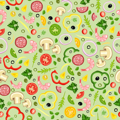 Seamless background of pizza ingredients. Delicious pattern