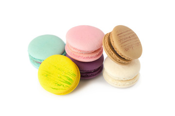 sweet delicacy macaroons variety closeup. Macaroons on white background