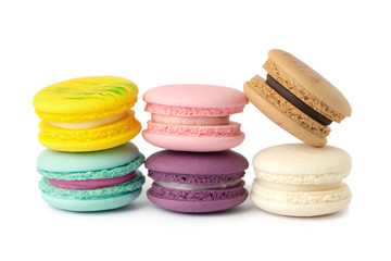 sweet delicacy macaroons variety closeup. Macaroons on white background