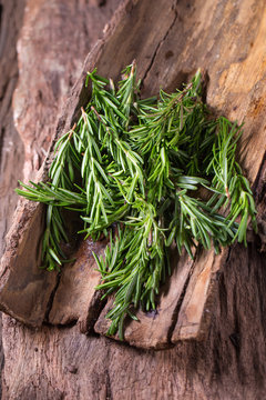 rosemary Herbs and Medicinal herbs. Organic healing herbs. fresh rosemary bunch rosemary on wooden background