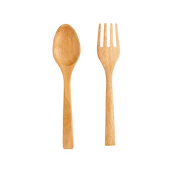 wooden spoon and wooden fork on white background.