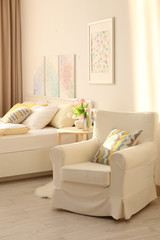 Interior of modern bedroom with cozy bed