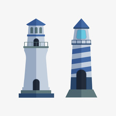 Cartoon flat lighthouse searchlight tower for maritime navigation guidance light vector illustration.