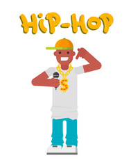 Hip hop character musician with microphone breakdance expressive rap portrait vector illustration.