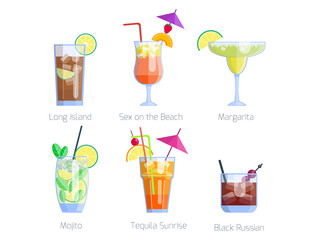 Set of alcoholic cocktails isolated fruit cold drinks tropical cosmopolitan freshness collection and party alcohol sweet tequila vector illustration.