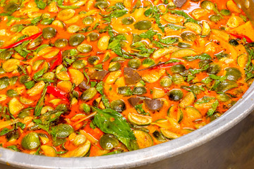 curry chiken prepare for kanom jeen nam ya,made from eggplants,Basil leaves,coconut milk curry sauce