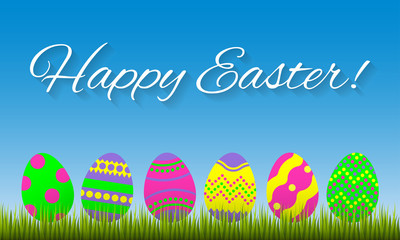 Happy Easter greeting card. Colorful Easter eggs in the green grass on the sky background. Vector illustration.