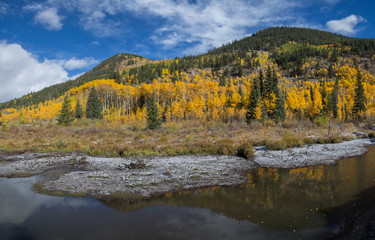 Fall foliage panoramic with reflecting in pond