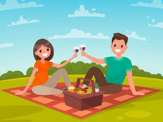 Happy couple of young people on a picnic. A trip to nature together. Vector illustration