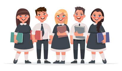 Group of elementary school students. Boys and girls dressed in school uniforms are holding textbooks