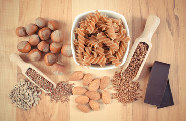 Vintage photo, Fresh natural ingredients containing magnesium, healthy nutrition