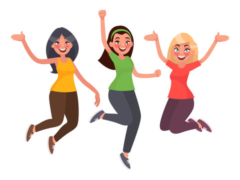 Beautiful girls are jumping with happiness. Women's joy. Vector illustration in cartoon style