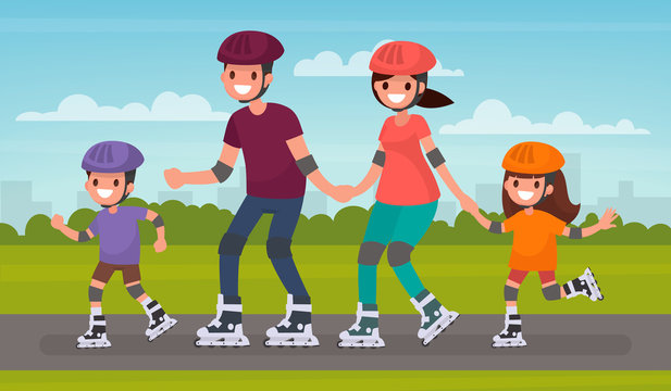 Happy family skating on roller skates in the park. Vector illustration in a flat style