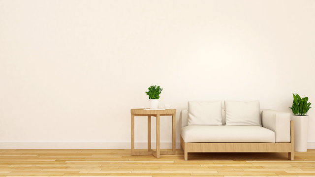 wooden and white sofa with coffee table and plant-3D Rendering