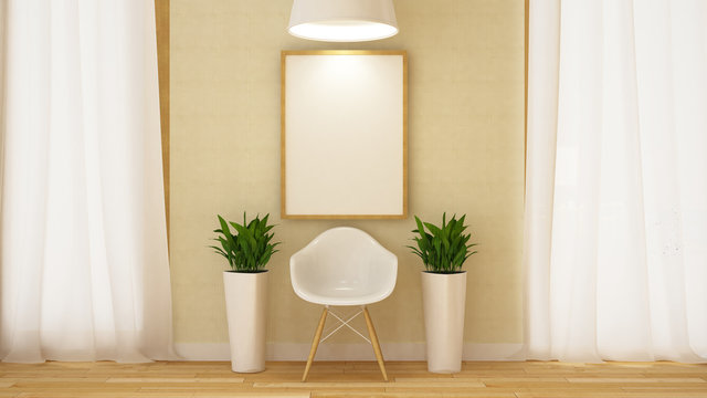 wooden white chair with frame and flowerpot-3D Rendering