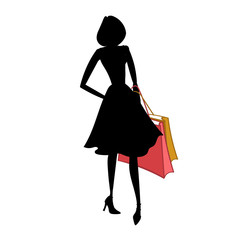 Silhouette of woman with different colored shopping bags. Vector illustration