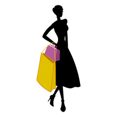 Silhouette of woman with different colored shopping bags. Vector illustration
