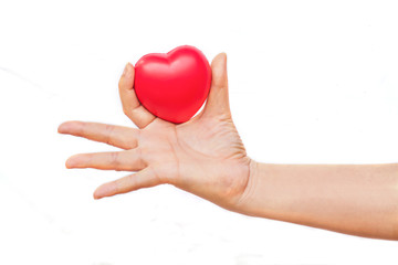 hand holding a red heart on white background