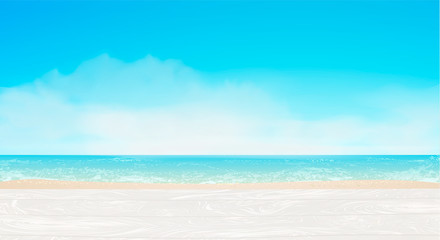 White beach sand, blue sea, sky, clouds, sunlight, white wood boards. Summer design for holidays background, vacation banner, panorama. Separated elements under masks,vector illustration.