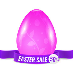 Easter Sale promotion banner. Illustration of Easter egg with floral decoration and ribbon.