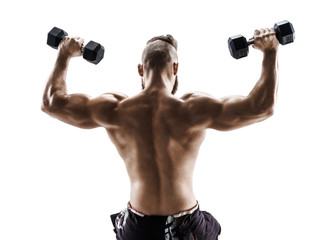 Fototapeta na wymiar Sporty man in training pumping up muscles of the back and hands with dumbbells. Photo of strong male with naked torso isolated on white background. Strength and motivation.