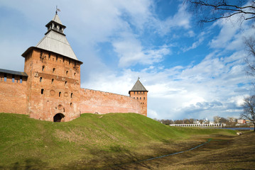 Fototapeta na wymiar April day at walls of detinets of Veliky Novgorod. Russia