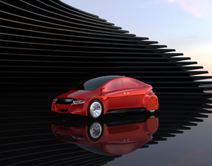 Metallic red autonomous car on abstract background. 3D rendering image. 