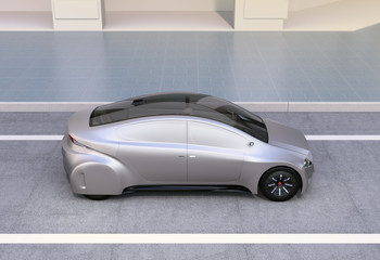 Silver autonomous car driving on the road. 3D rendering image.