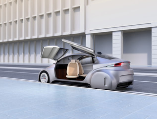 Silver autonomous car parking at the side of the road. 3D rendering image.