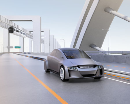 Silver autonomous car driving on the highway with monorail on background. 3D rendering image. 