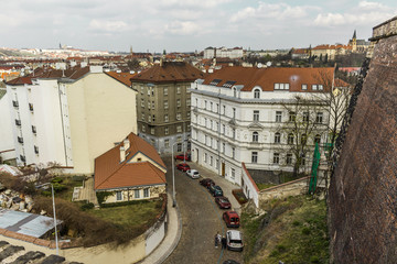 The brick walls of the old fortress of Vysehrad. Area of the old town in Prague, Czech Republic.