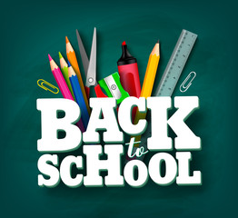 Back to school vector design with 3d title and school items and elements in green chalkboard background. Vector illustration.
 - obrazy, fototapety, plakaty