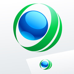 Vector logo with abstract green leaf and blue round drop. Emblem for Ecology, Pharmacy, Cosmetic activity