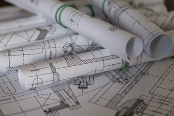 Engineering drawings on paper. Several drawings in a roll.