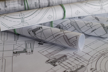 Engineering drawings on paper. Several drawings in a roll.