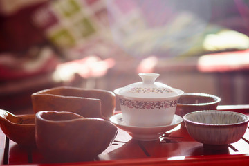 Set of teapot, three kinds of tea and two bowls