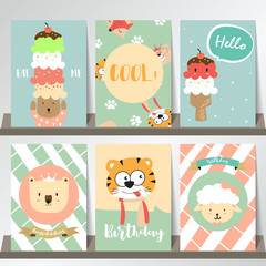 Pink blue green collection for banners,Flyers,Placards with bear,ice cream,tiger and sheep