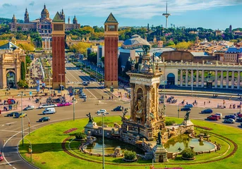 Foto op Canvas Aerial top view of Barcelona, Catalonia, Spain in the spring. Placa d'Espanya, Plaza de Espana, the Spanish Square. The Palau National, National Palace, National Art Museum of Catalonia   © krivinis