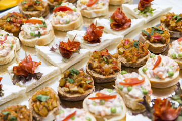 Colorful canape with vegetables and sausage on a slate plate