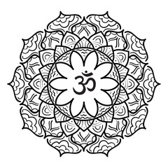 Mandala frame with Om symbol. Hand drawn oriental ornament for greeting card, invitation, coloring book, yoga poster.